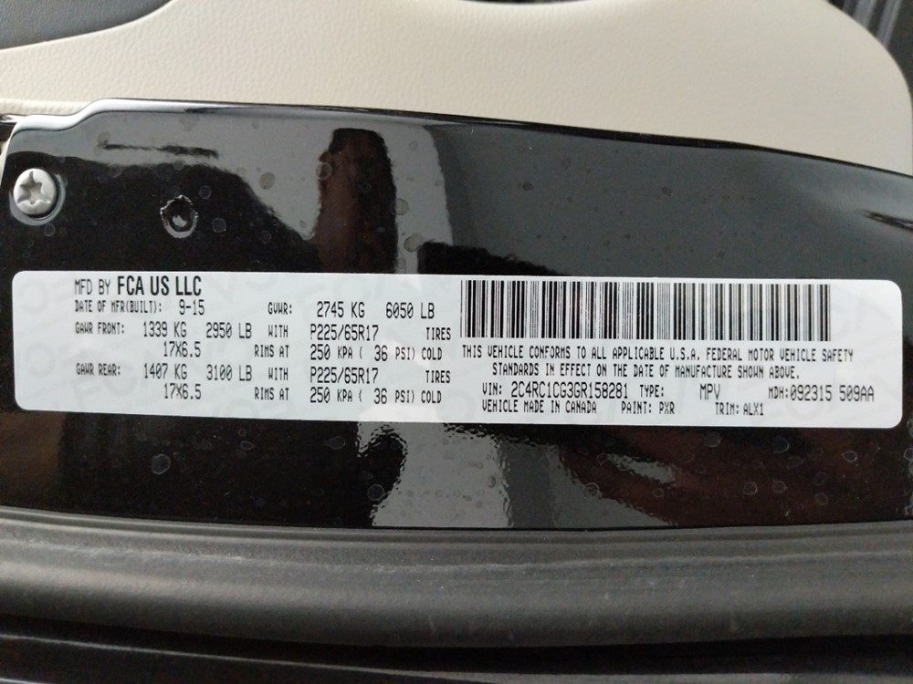 2016 Chrysler Town and Country - VIN Plate