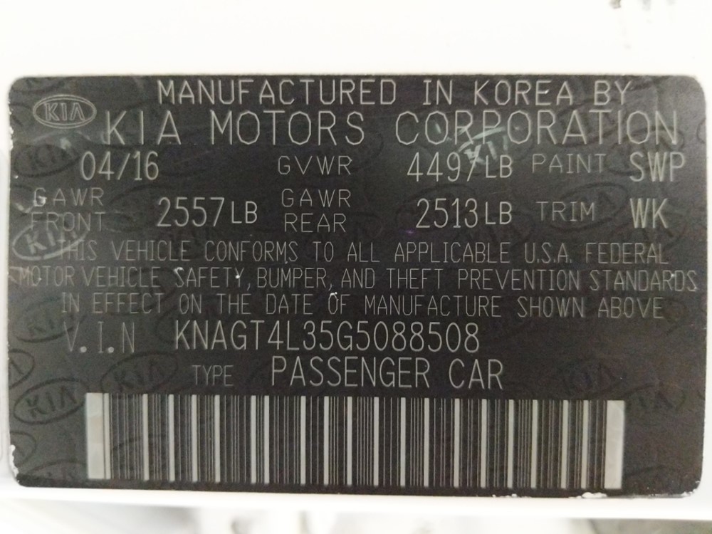 2016 Kia Optima - VIN Plate