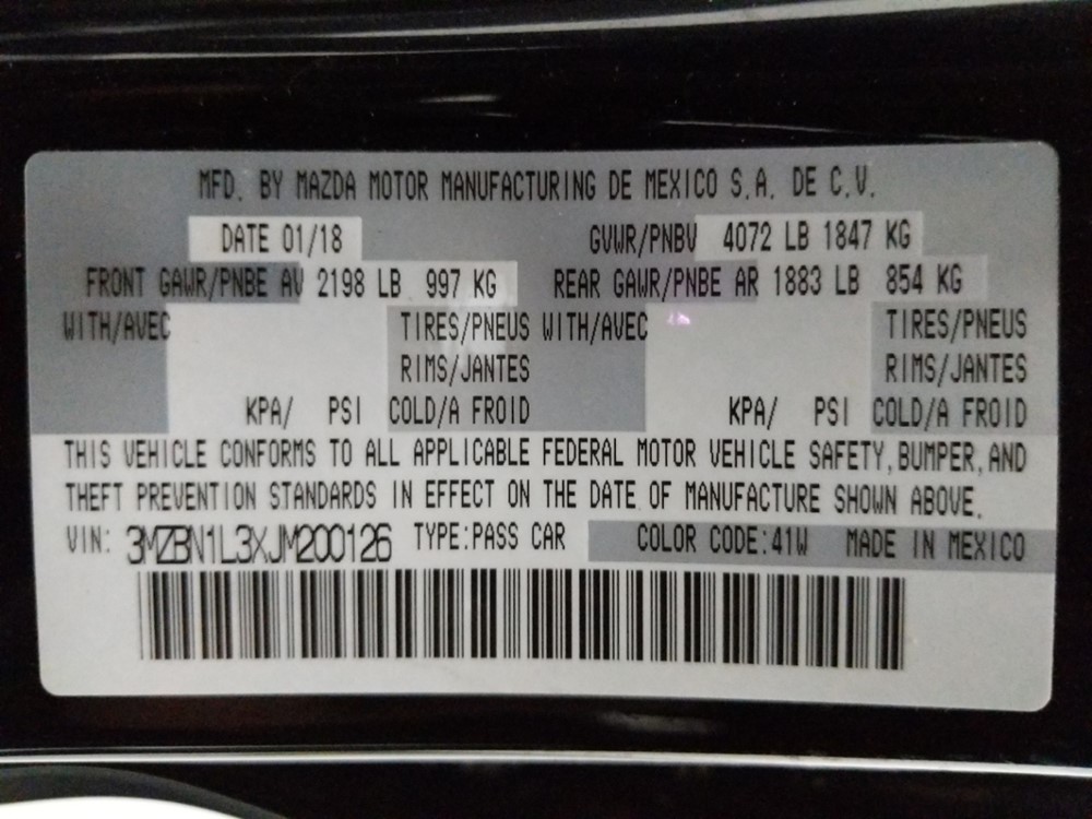 2018 Mazda Mazda3 - VIN Plate