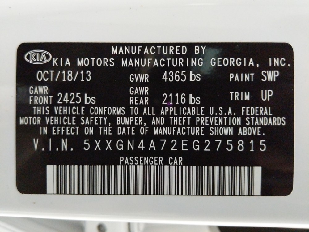 2014 Kia Optima - VIN Plate