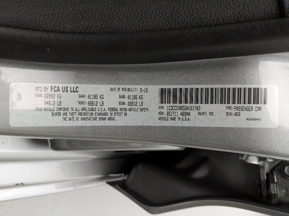 2016 Chrysler 200 - VIN Plate