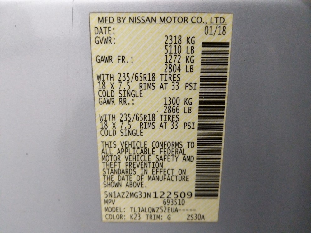 2018 Nissan Murano - VIN Plate