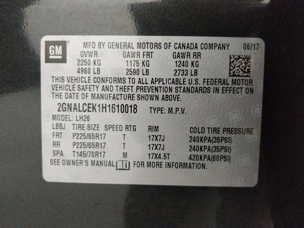 2017 Chevrolet Equinox - VIN Plate