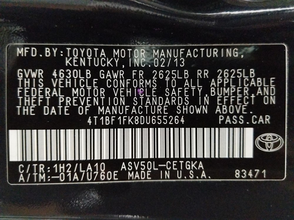 2013 Toyota Camry - VIN Plate