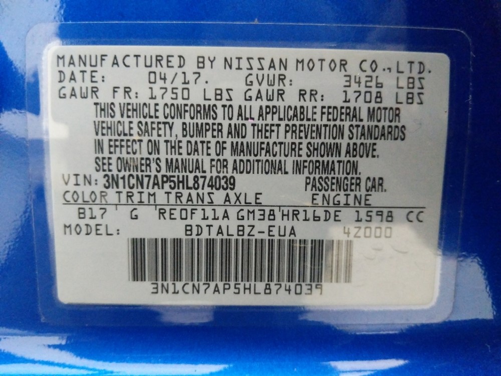 2017 Nissan Versa - VIN Plate