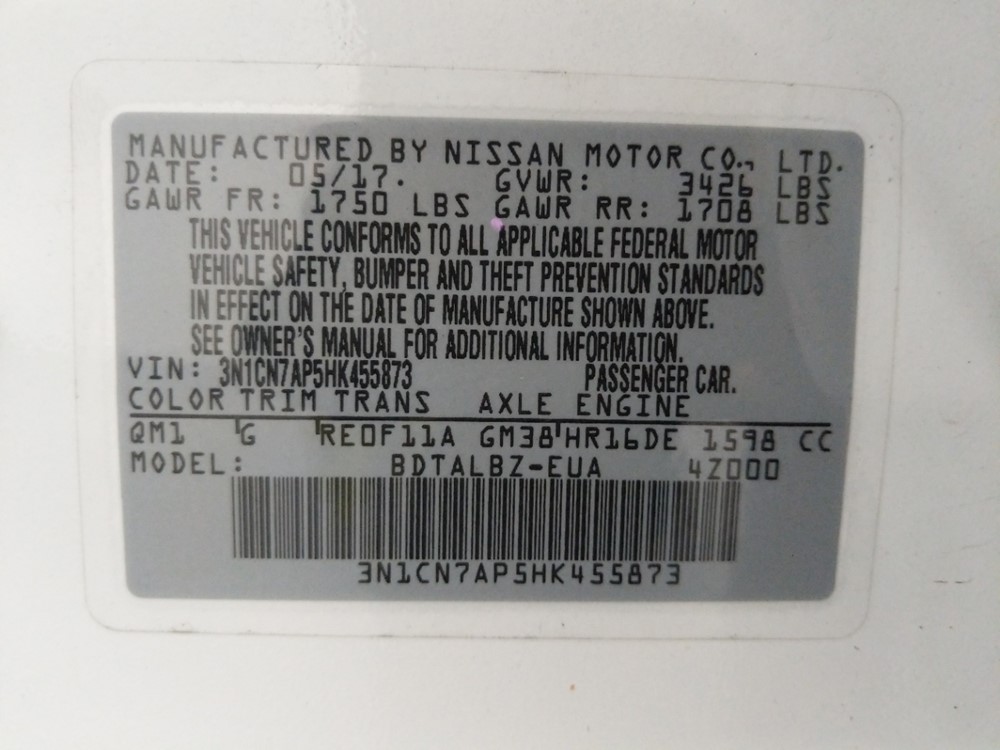 2017 Nissan Versa - VIN Plate