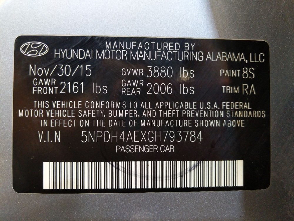 2016 Hyundai Elantra - VIN Plate