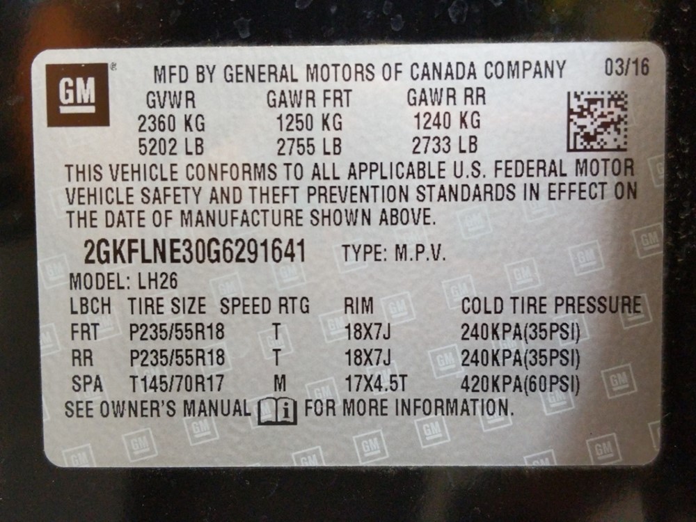 2016 GMC Terrain - VIN Plate