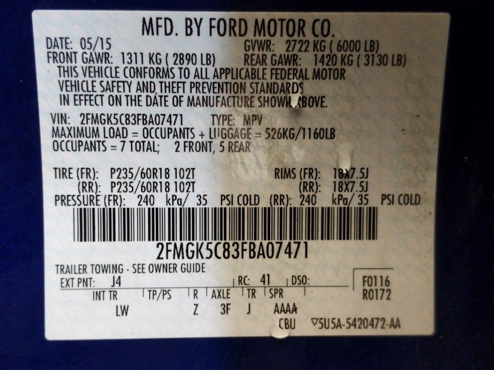 2015 Ford Flex - VIN Plate
