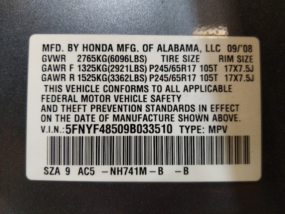 2009 Honda Pilot - VIN Plate