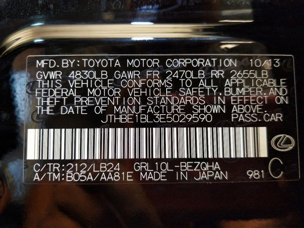 2014 Lexus GS 350 - VIN Plate