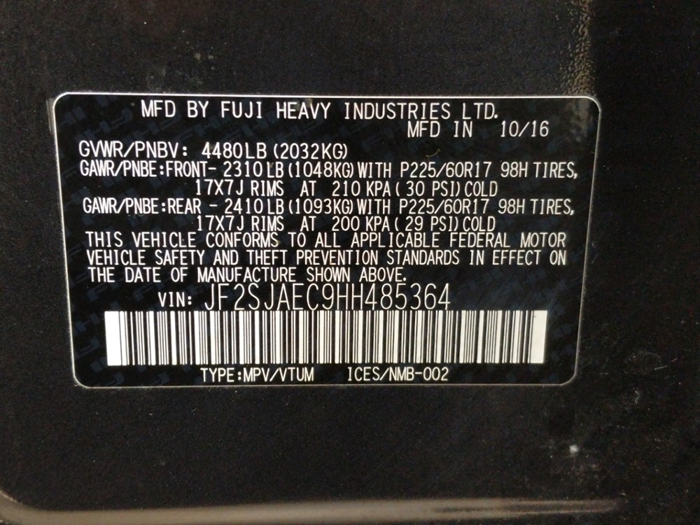 2017 Subaru Forester - VIN Plate