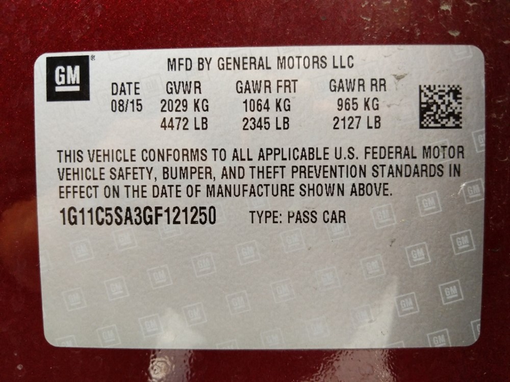 2016 Chevrolet Malibu - VIN Plate