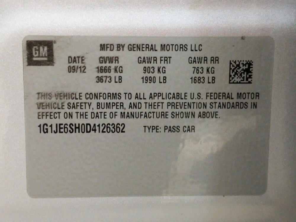 2013 Chevrolet Sonic - VIN Plate