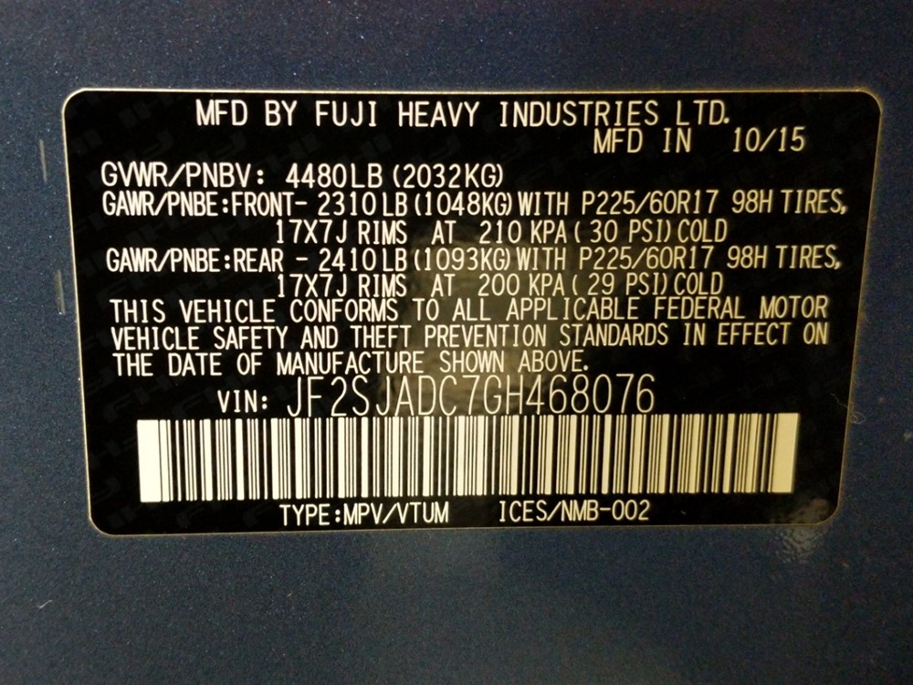 2016 Subaru Forester - VIN Plate