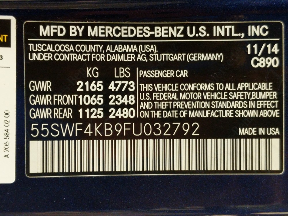2015 Mercedes-Benz C300 - VIN Plate