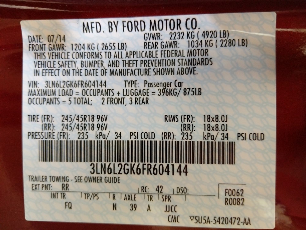 2015 Lincoln MKZ - VIN Plate