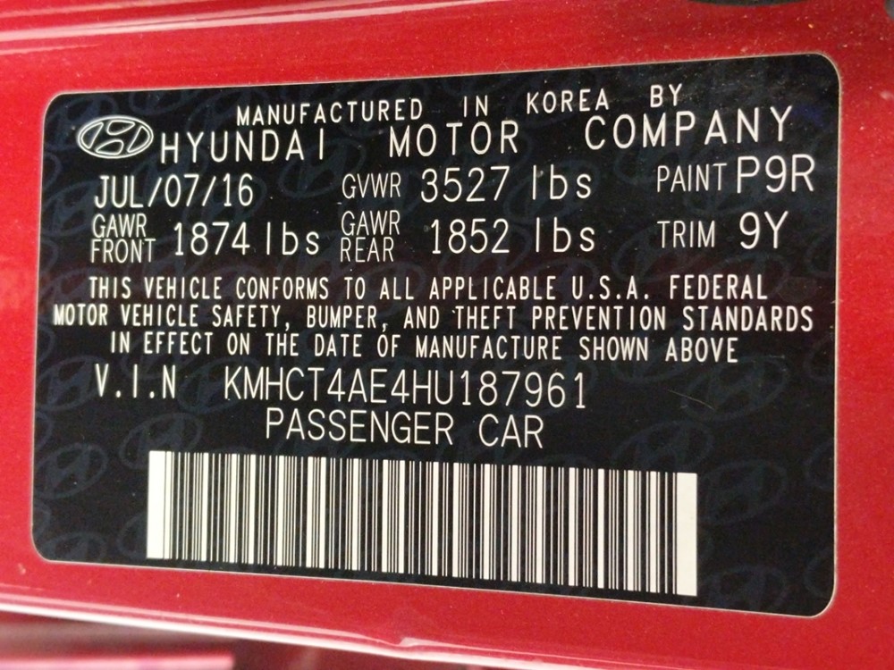 2017 Hyundai Accent - VIN Plate