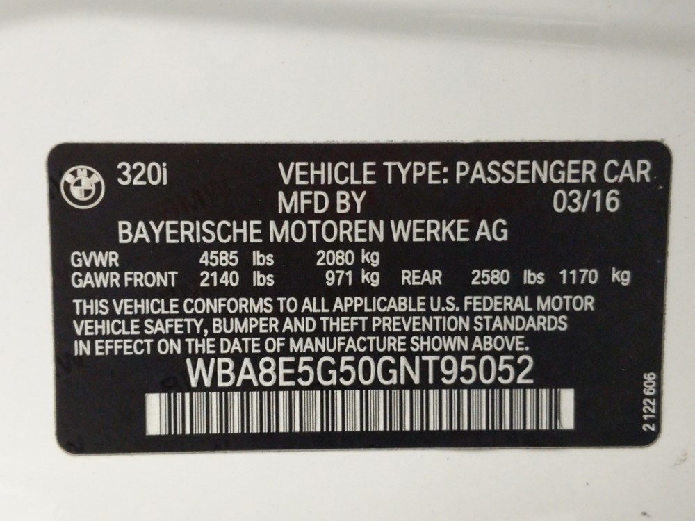 2016 BMW 320i - VIN Plate