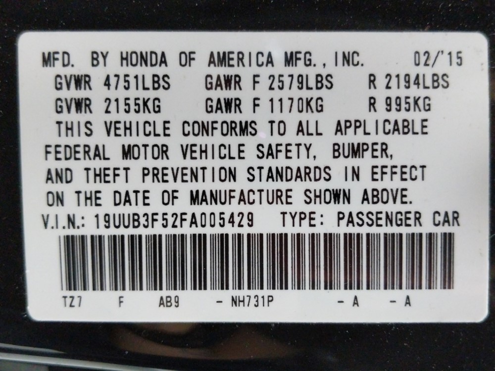 2015 Acura TLX - VIN Plate