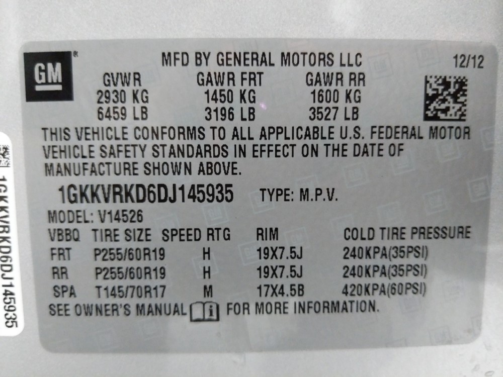 2013 GMC Acadia - VIN Plate