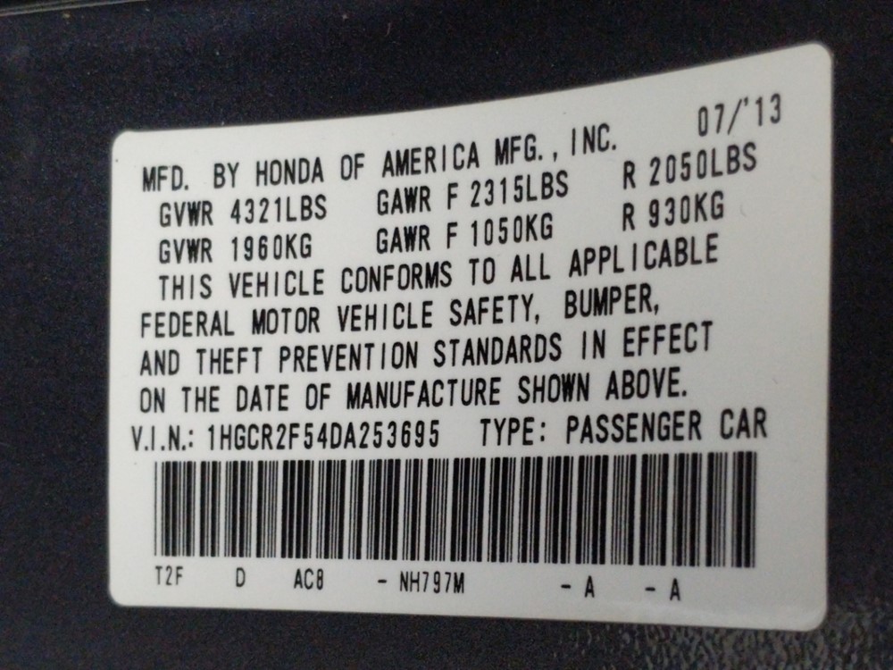 2013 Honda Accord - VIN Plate