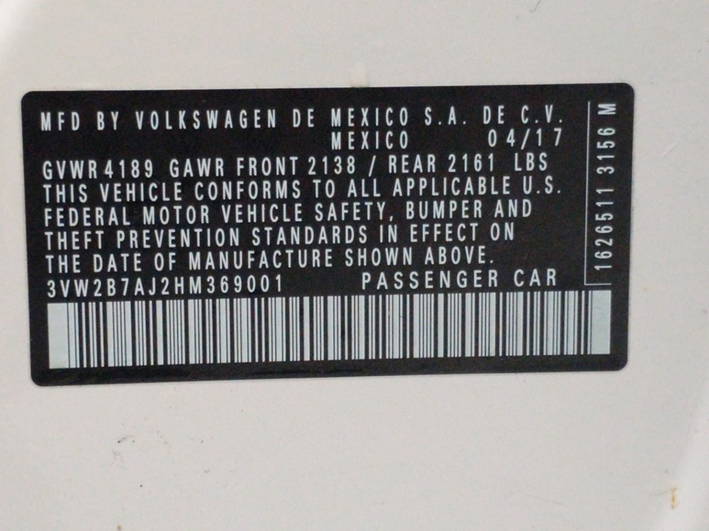 2017 Volkswagen Jetta - VIN Plate