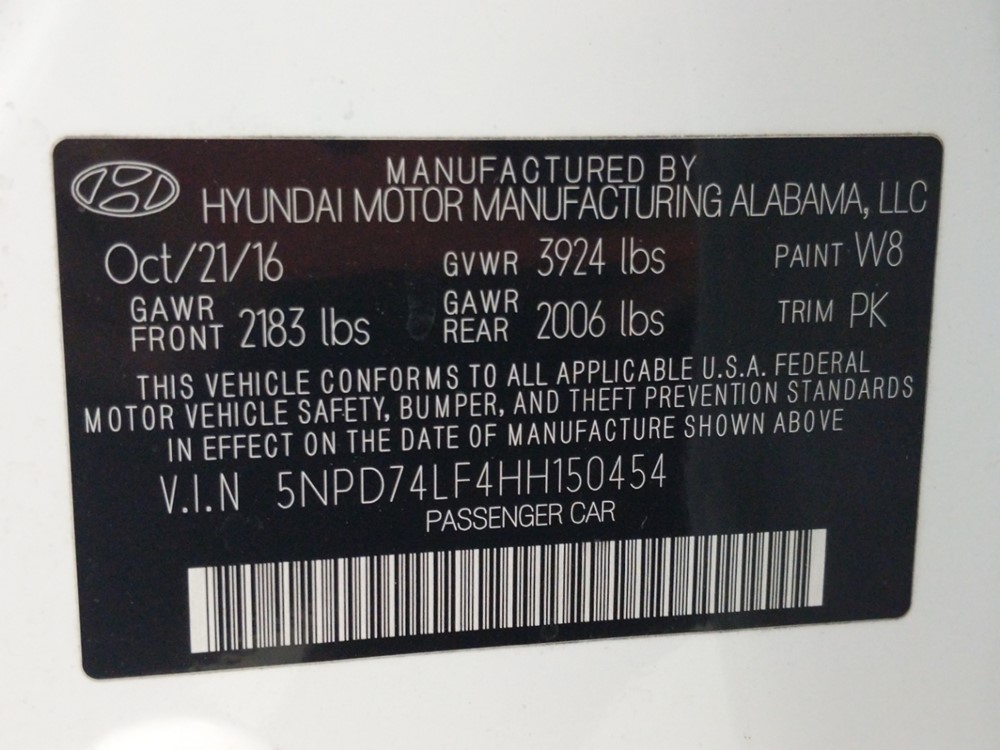 2017 Hyundai Elantra - VIN Plate