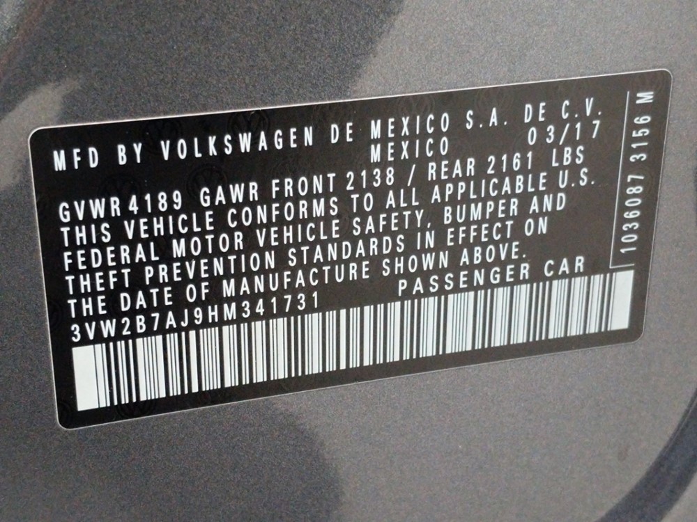 2017 Volkswagen Jetta - VIN Plate