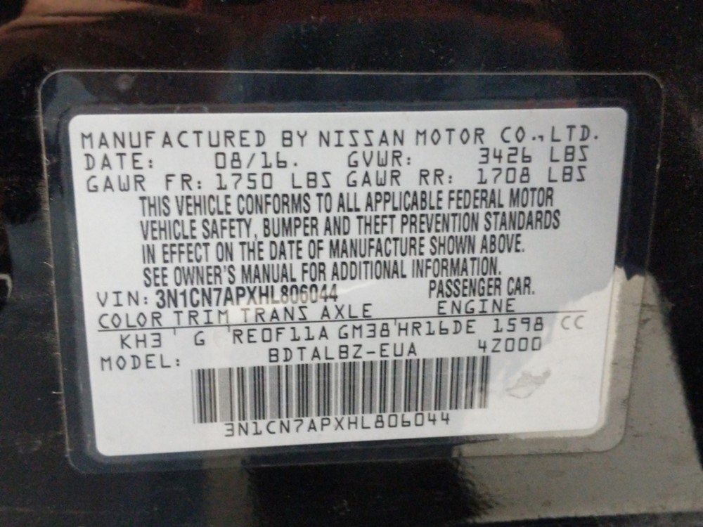 2017 Nissan Versa - VIN Plate
