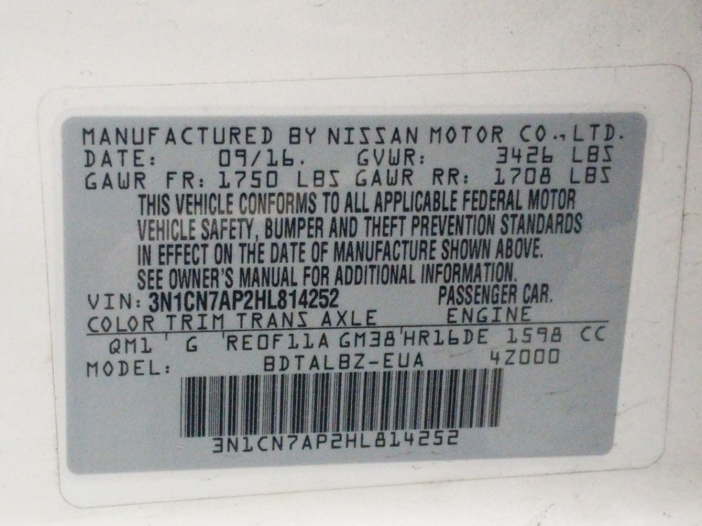 2017 Nissan Versa - VIN Plate