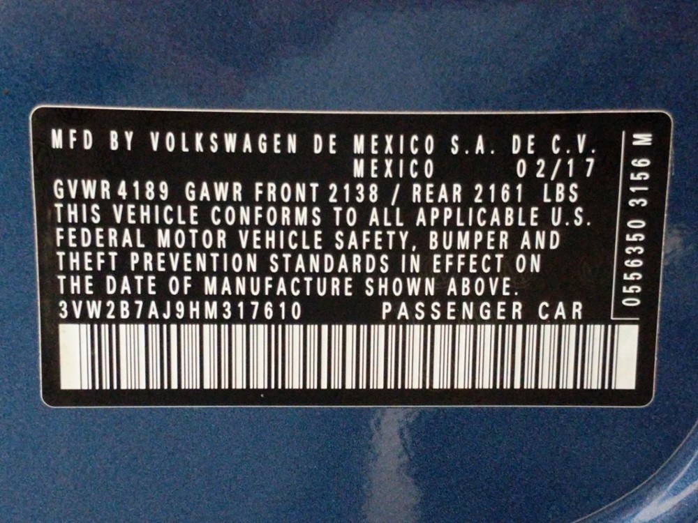 2017 Volkswagen Jetta - VIN Plate