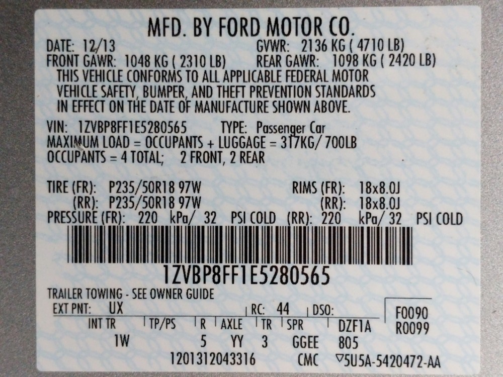 2014 Ford Mustang - VIN Plate