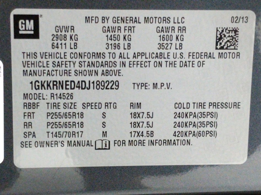 2013 GMC Acadia - VIN Plate