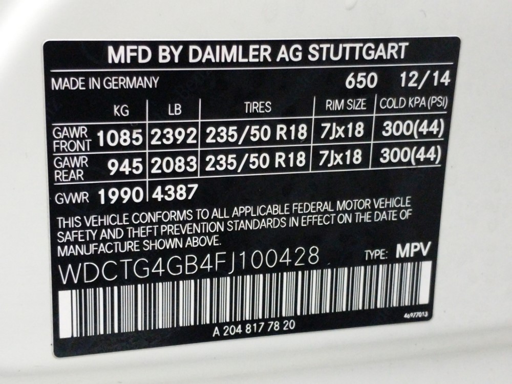 2015 Mercedes-Benz GLA250 - VIN Plate