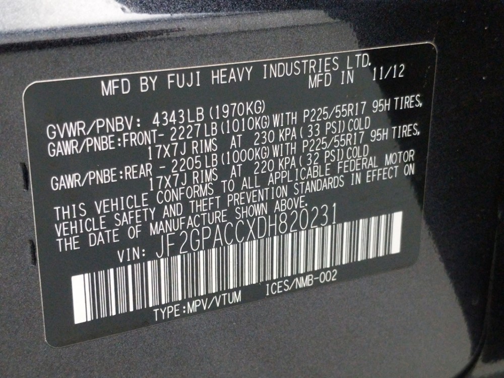 2013 Subaru XV Crosstrek - VIN Plate
