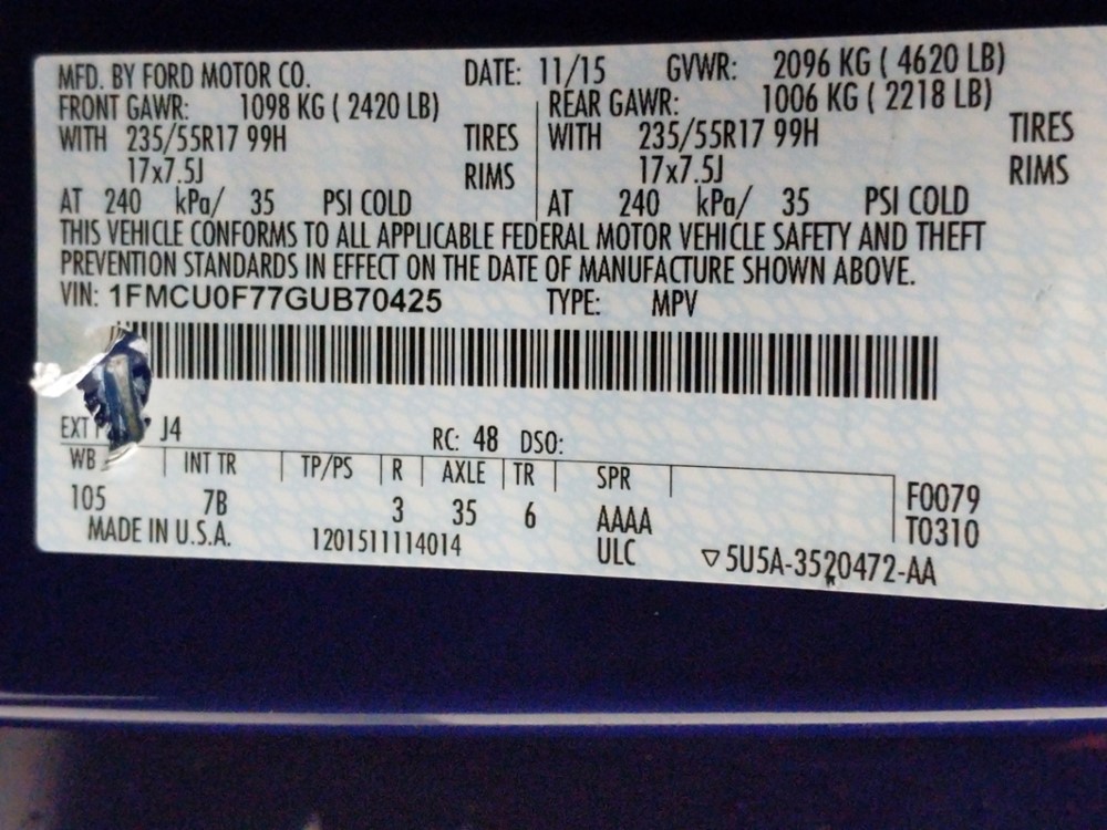 2016 Ford Escape - VIN Plate