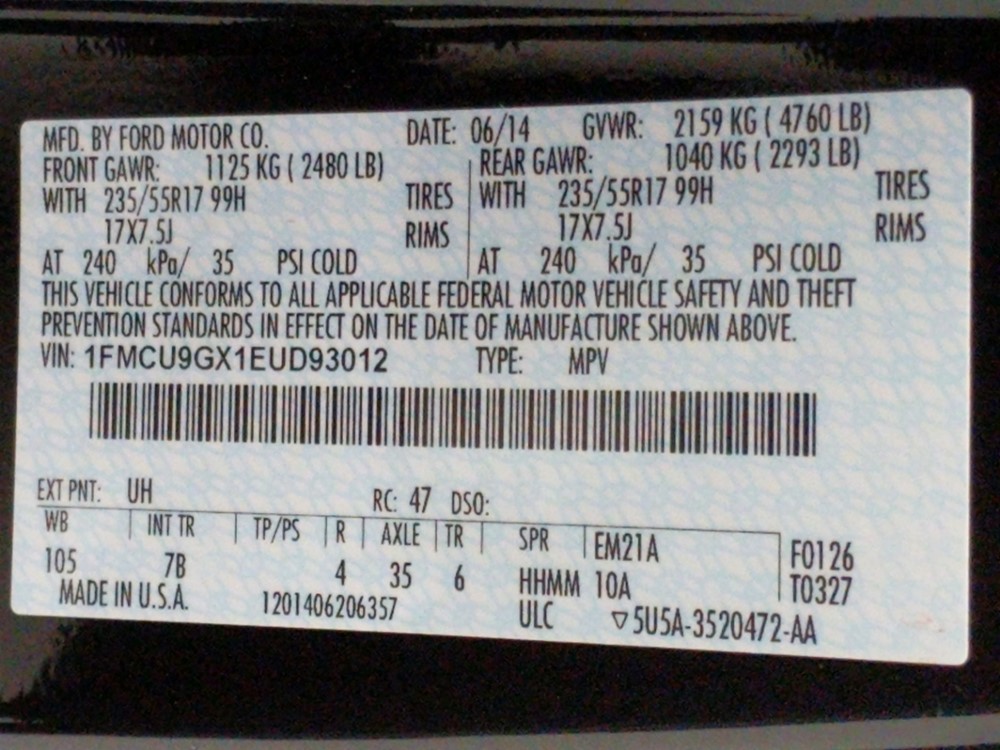 2014 Ford Escape - VIN Plate