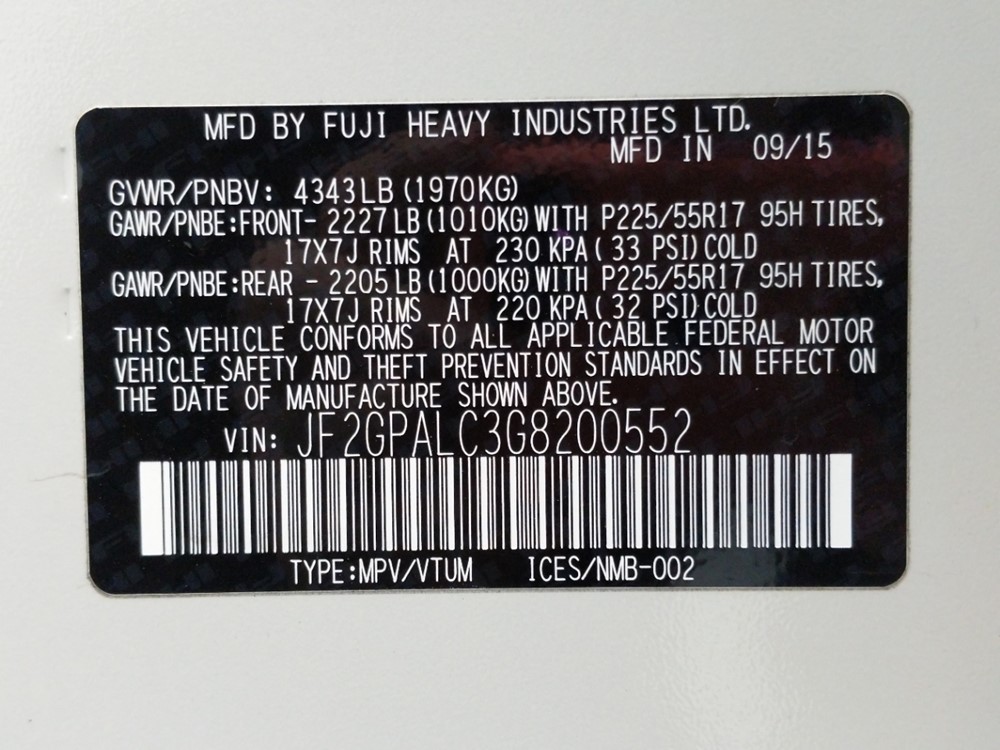 2016 Subaru Crosstrek - VIN Plate