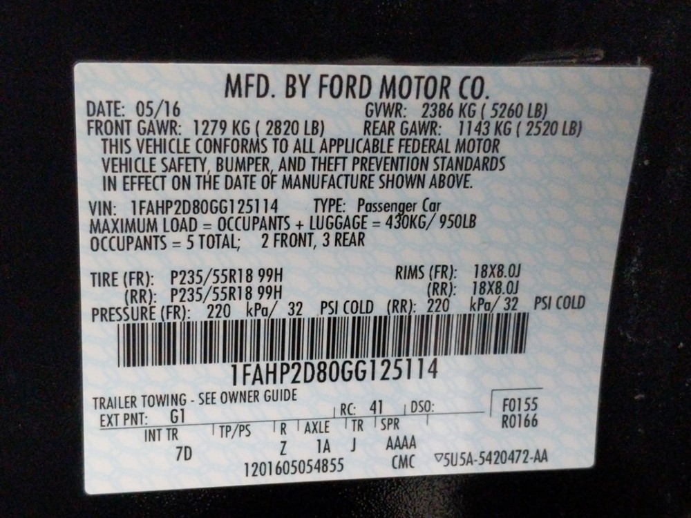 2016 Ford Taurus - VIN Plate