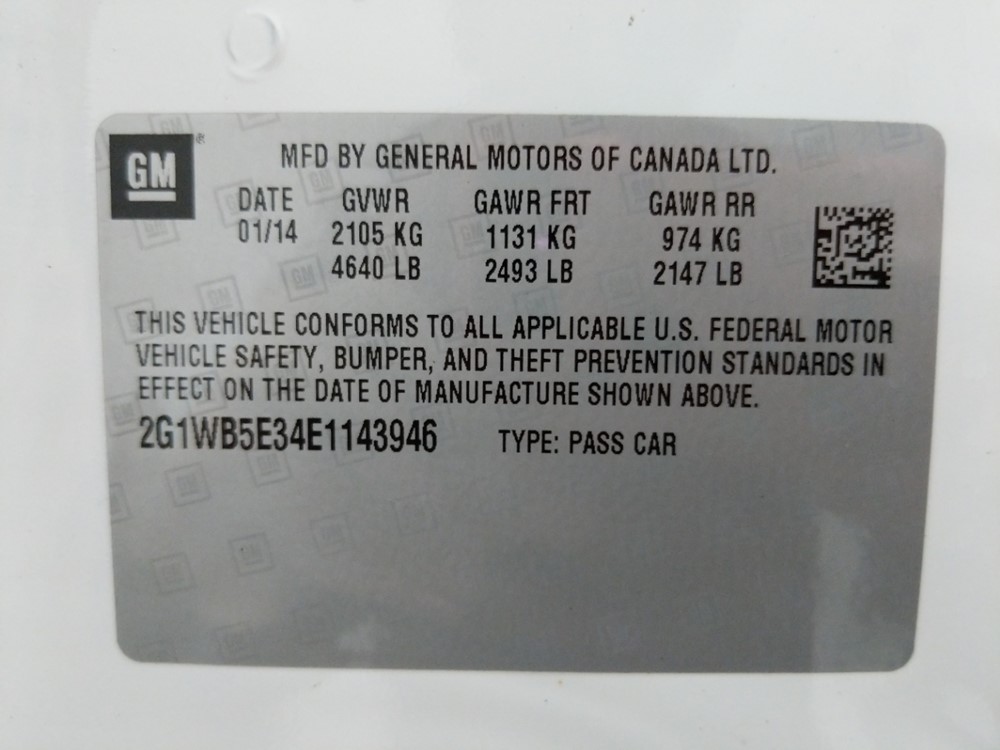 2014 Chevrolet Impala - VIN Plate