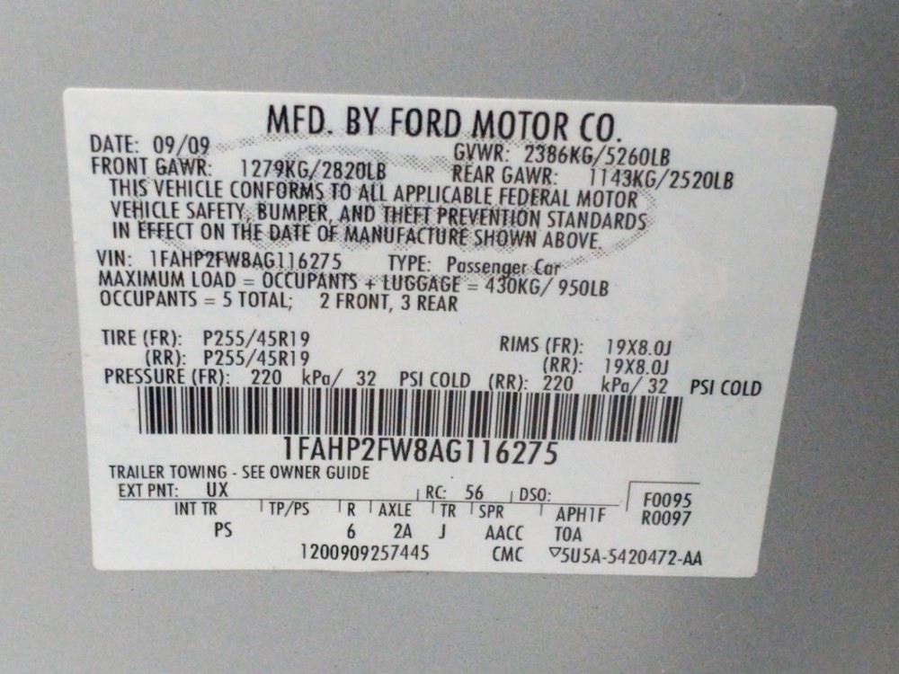 2010 Ford Taurus - VIN Plate