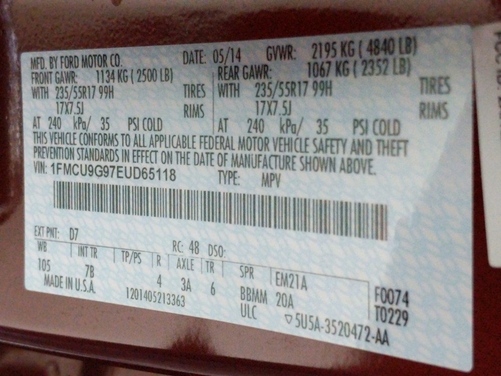 2014 Ford Escape - VIN Plate
