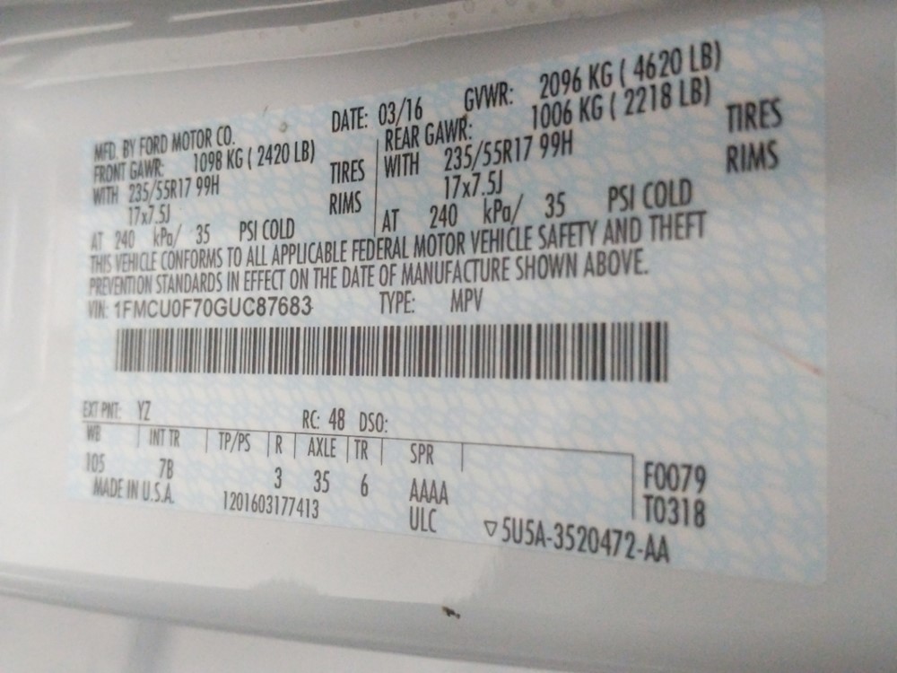 2016 Ford Escape - VIN Plate