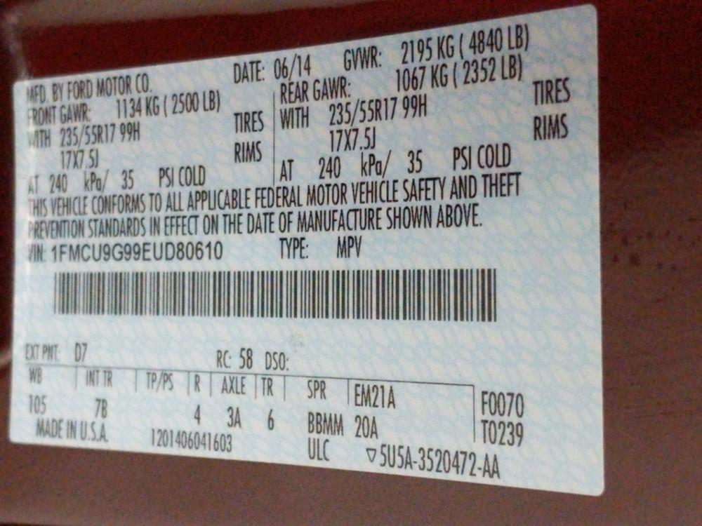 2014 Ford Escape - VIN Plate