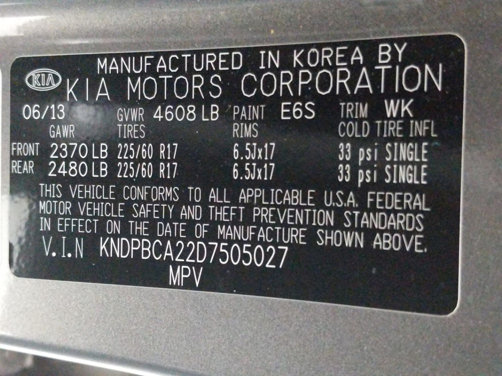 2013 Kia Sportage - VIN Plate