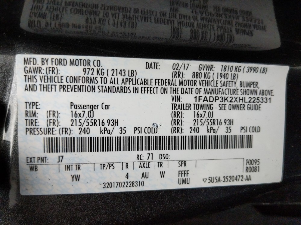 2017 Ford Focus - VIN Plate