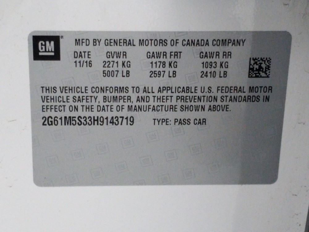 2017 Cadillac XTS - VIN Plate