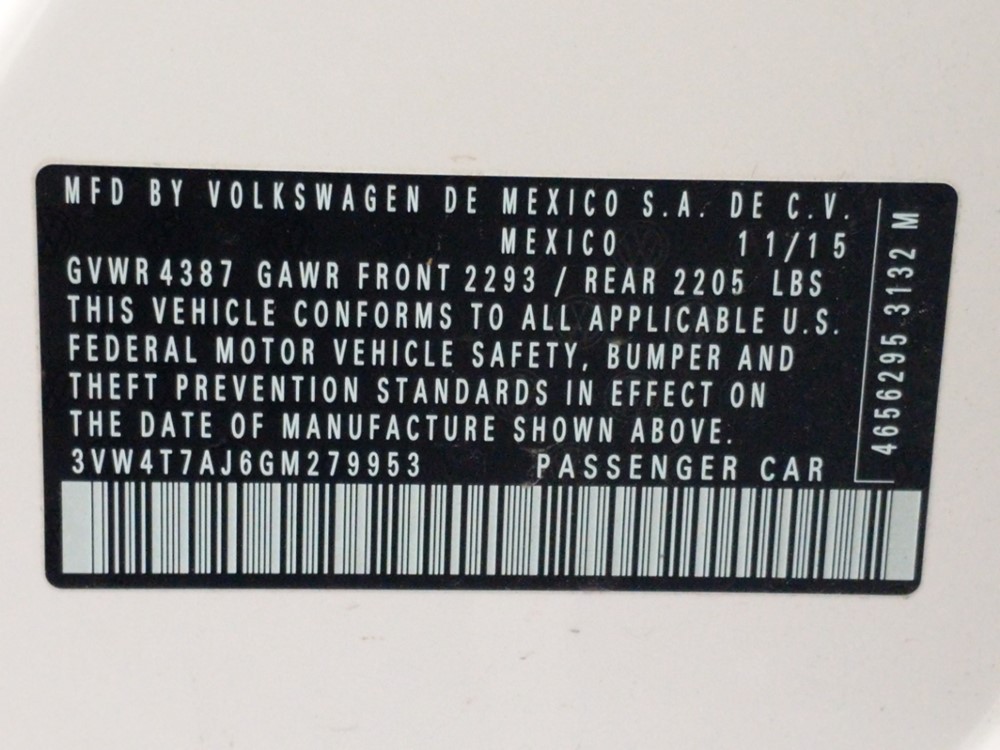 2016 Volkswagen Jetta - VIN Plate