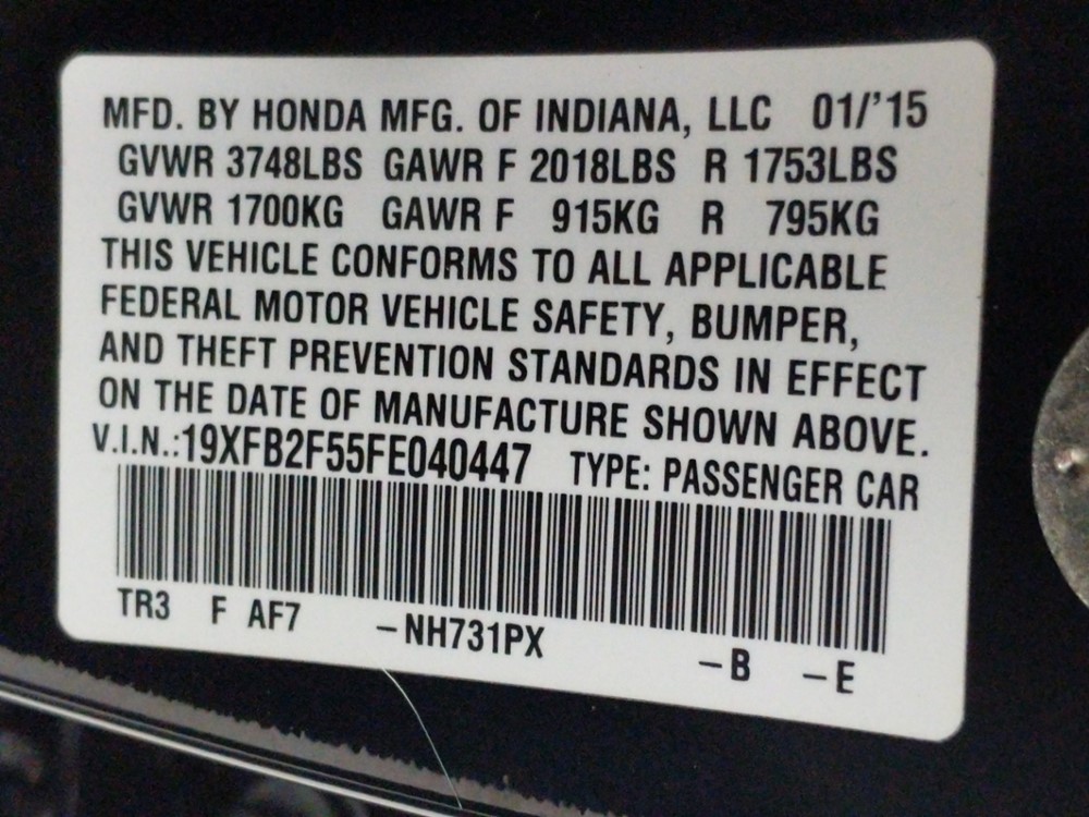 2015 Honda Civic - VIN Plate